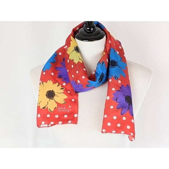 Vtg 1970s Silky Bold Red Purple Yellow Floral Print Rectangle Oblong Scarf - Picture 2 of 7